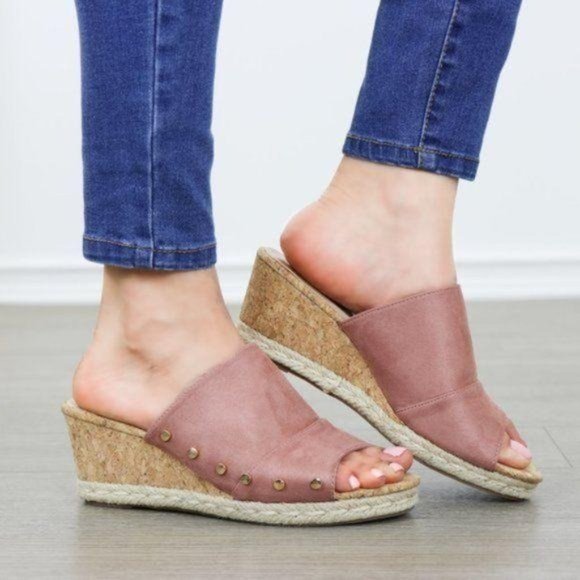 Suede Slip On Cork and Espadrille Wedge Sandal - Picture 2 of 6